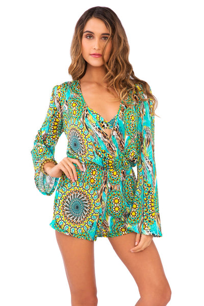 Luli Fama "Moon Princess" Wrap-Front Long Sleeve Romper